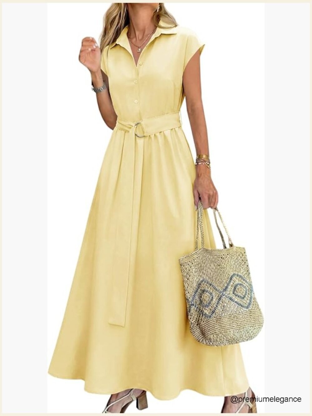 Summer Maxi Dress Button Down Collared Tie Waist A-Line Flowy Casual